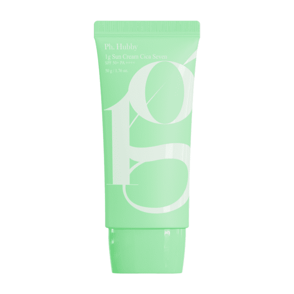 Cica Calming Sun Cream SPF 50 in a sleek green tube, featuring a minimalist design on a white background.